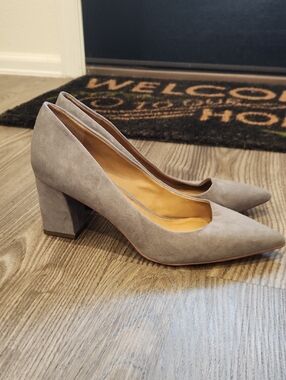 14th & Union Suede Pointed Block Heel Pumps - Gray Suede